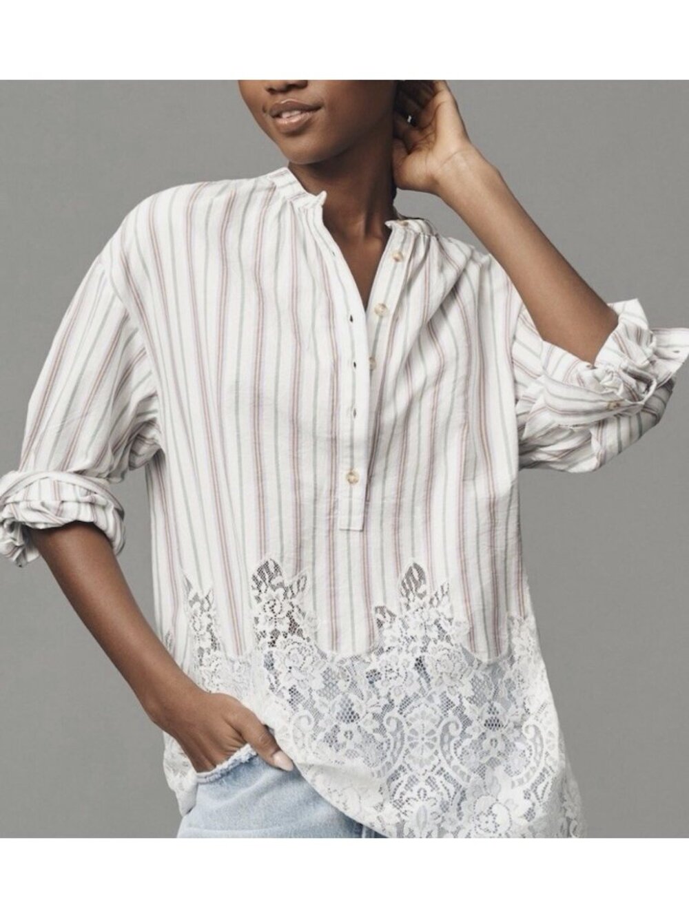Anthropologie Pilcro Lacey XS White Stripe Long-Sleeve Lace Trim Tunic Top Shirt